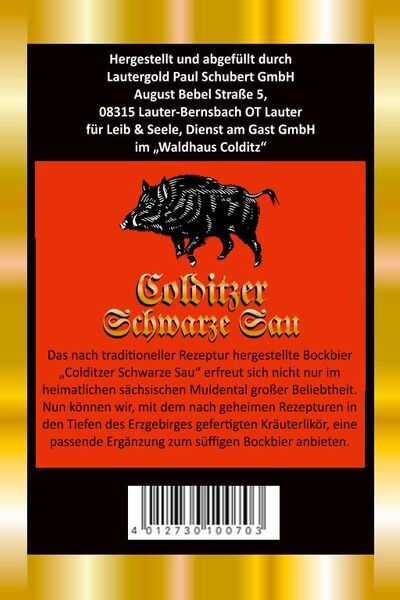 Etikett Kräuterlikör "Colditzer Schwarze Sau"